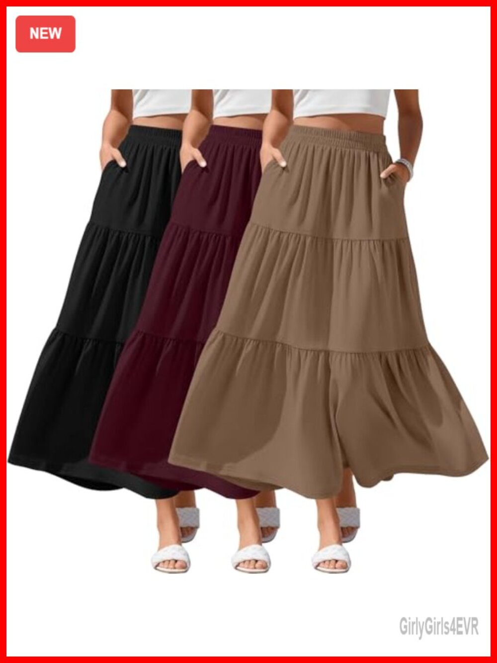 3 Pack Women's Maxi Tiered Skirts Elastic Waist Side Pockets Flowy